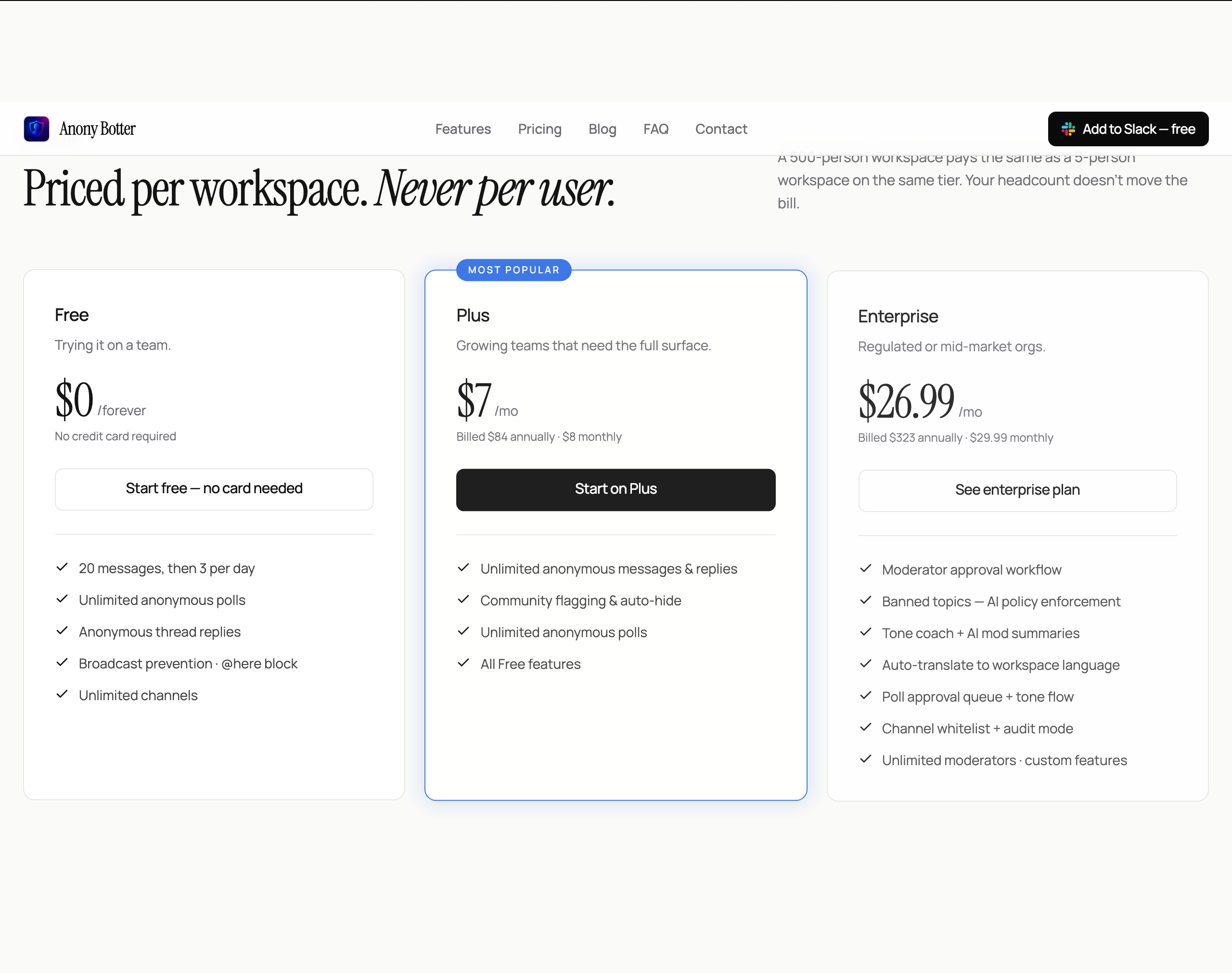 Three pricing tiers: Free, Plus, Enterprise